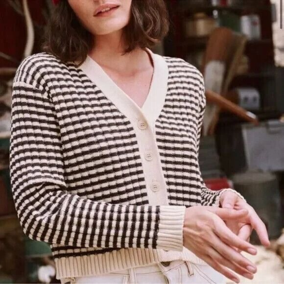The Great. The Mini Striped Cardigan Sweater Knit Cream Woodsmoke Size 0 XS - Picture 3 of 9